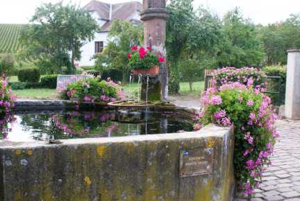 Mit Blumen geschmückter mittelalterlicher Quellbrunnen in Hunawihr