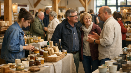 Besucher verschiedener Altersgruppen im Austausch an Ständen mit regionalen Produkten auf einer Messe im Elsass