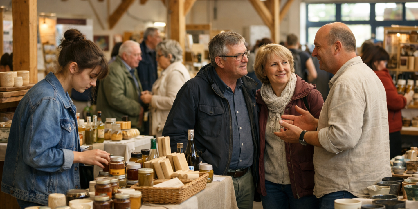 Besucher verschiedener Altersgruppen im Austausch an Ständen mit regionalen Produkten auf einer Messe im Elsass