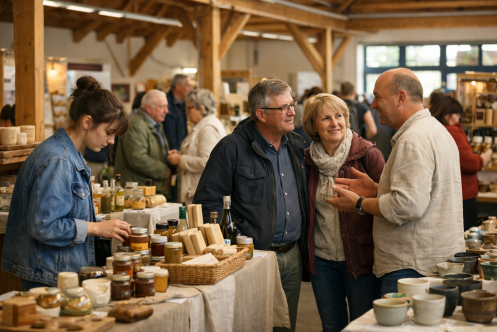 Besucher verschiedener Altersgruppen im Austausch an Ständen mit regionalen Produkten auf einer Messe im Elsass