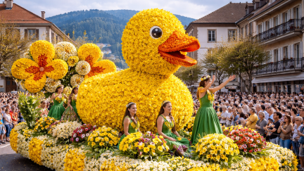 Blumenkorso der Fête des Jonquilles in Gérardmer mit Festwagen aus tausenden Narzissen