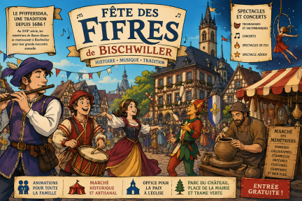 Comic-Illustration der Fête des Fifres in Bischwiller mit Spielleuten, Gauklern, historischem Markt und mittelalterlicher Festatmosphäre im Nordelsass