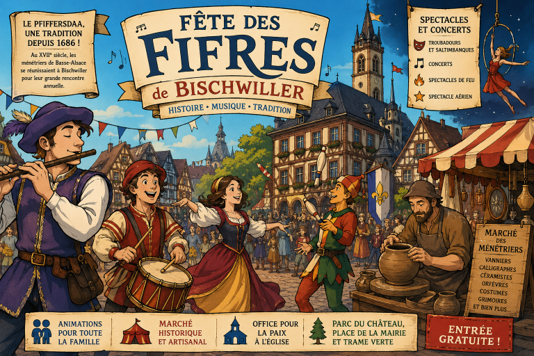 Comic-Illustration der Fête des Fifres in Bischwiller mit Spielleuten, Gauklern, historischem Markt und mittelalterlicher Festatmosphäre im Nordelsass