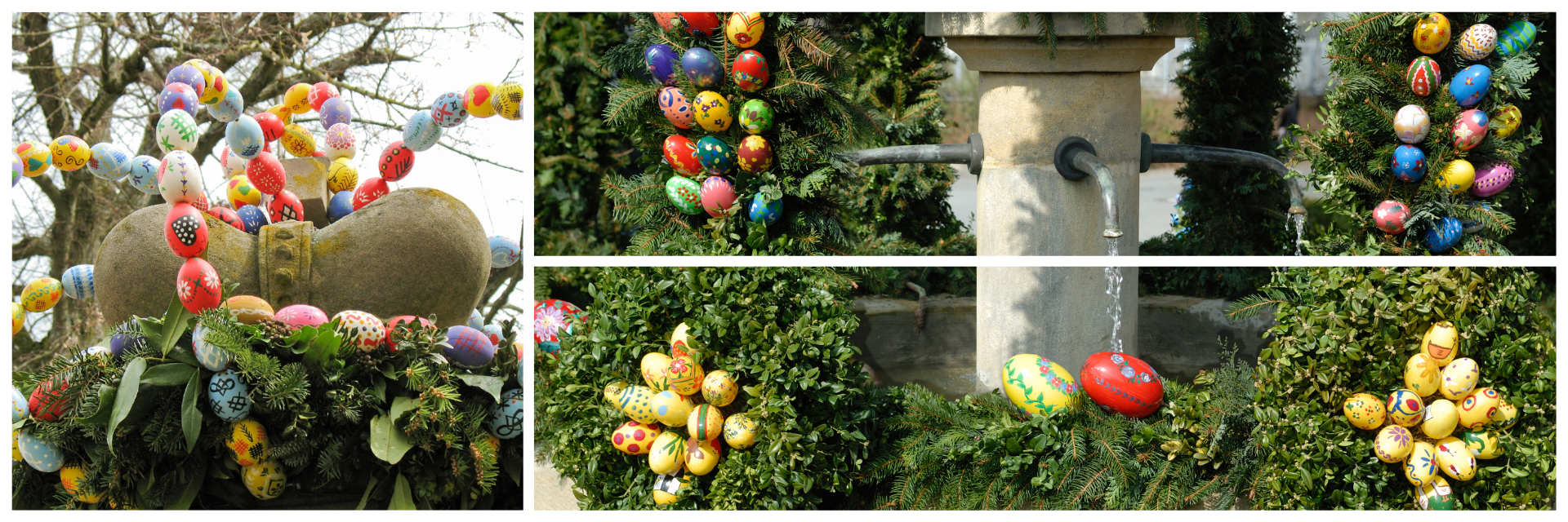 Geschmückter Osterbrunnen mit bunten Ostereiern – typische Osterdekoration im Elsass