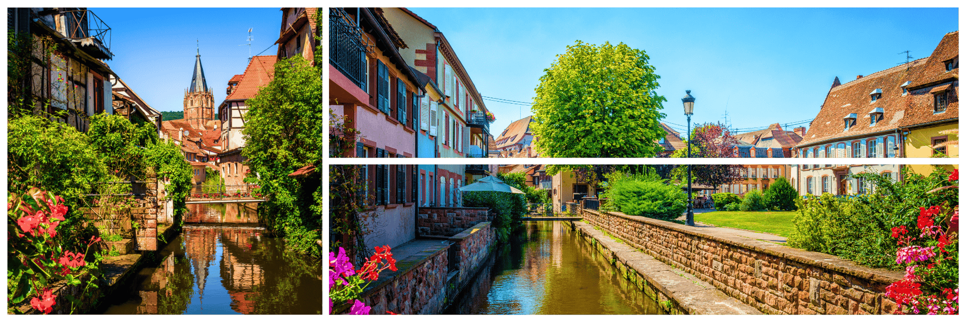Collage mit zwei sommerlichen Aufnahmen der Altstadt von Wissembourg, mit Fachwerkhäusern, Blumen und der Lauter.