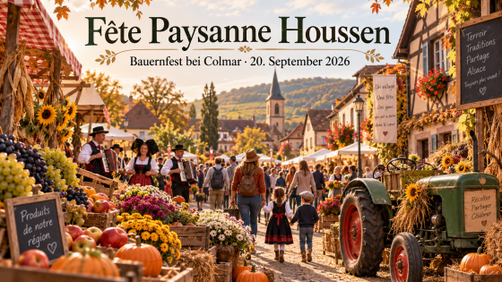 KI-generierte Darstellung eines elsässischen Bauernfestes mit Markt und historischem Traktor