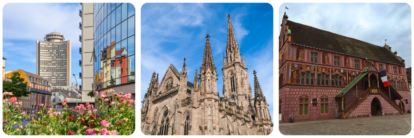 Collage mit Wahrzeichen von Mulhouse: Hochhaus Tour de l'Europe im modernen Stadtviertel, imposante Fassade der Kirche Saint-Étienne und das historische Rathaus mit bemalter Fassade und französischer 