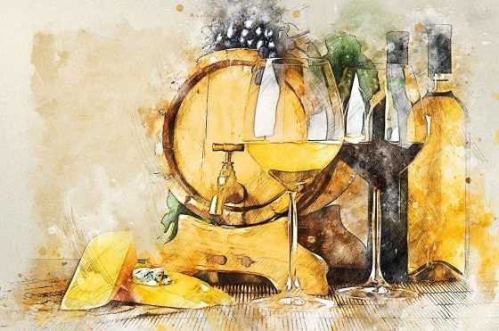 Stillleben mit Weinfass, Weingläsern und Käse – Symbol für Wein und Genuss im Elsass