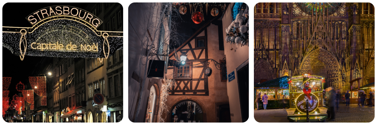 Weihnachtsstimmung in Straßburg – festlich beleuchtete Straßen, geschmückte Fachwerkhäuser und der Weihnachtsmarkt vor dem illuminierten Münster