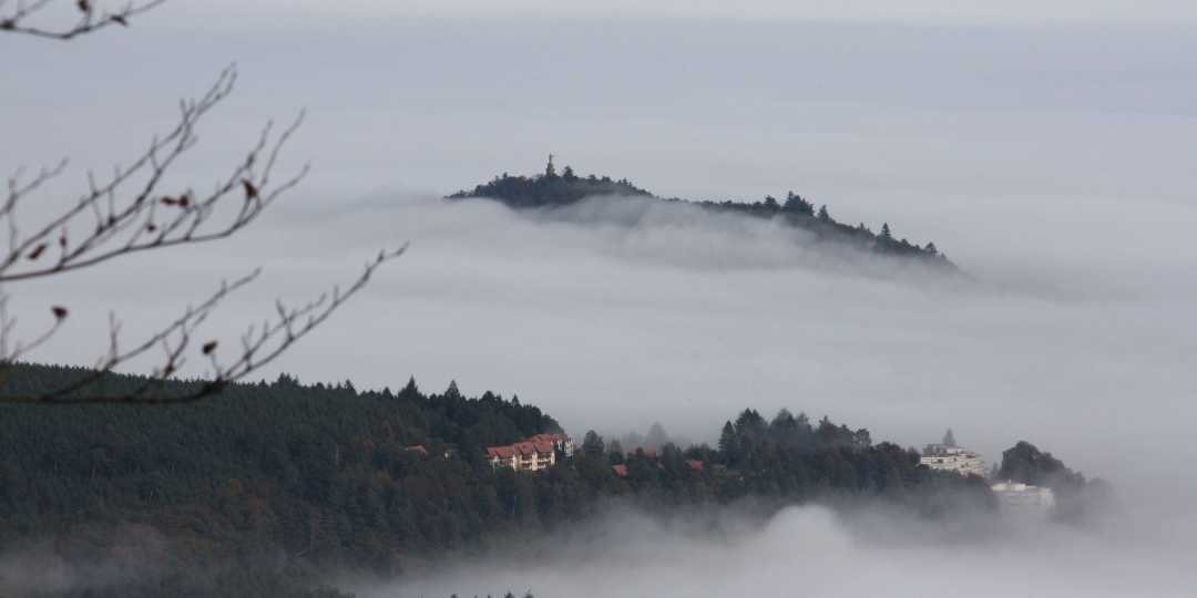 Nebel über Hügel im Elsass