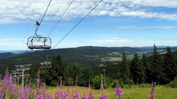 Sessellift über blühender Sommerwiese mit Blick auf die grünen Höhenzüge der Vogesen im Elsass