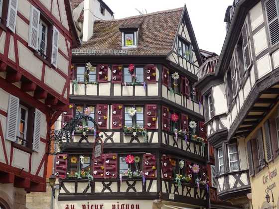 Fachwerkhaus in Colmar mit blumengeschmückten Fensterläden in der Altstadt