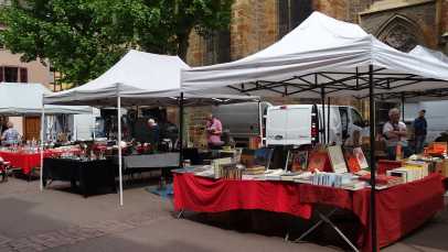 Flohmarkt in Colmar – bunte Stände mit Büchern und Antiquitäten im Elsass