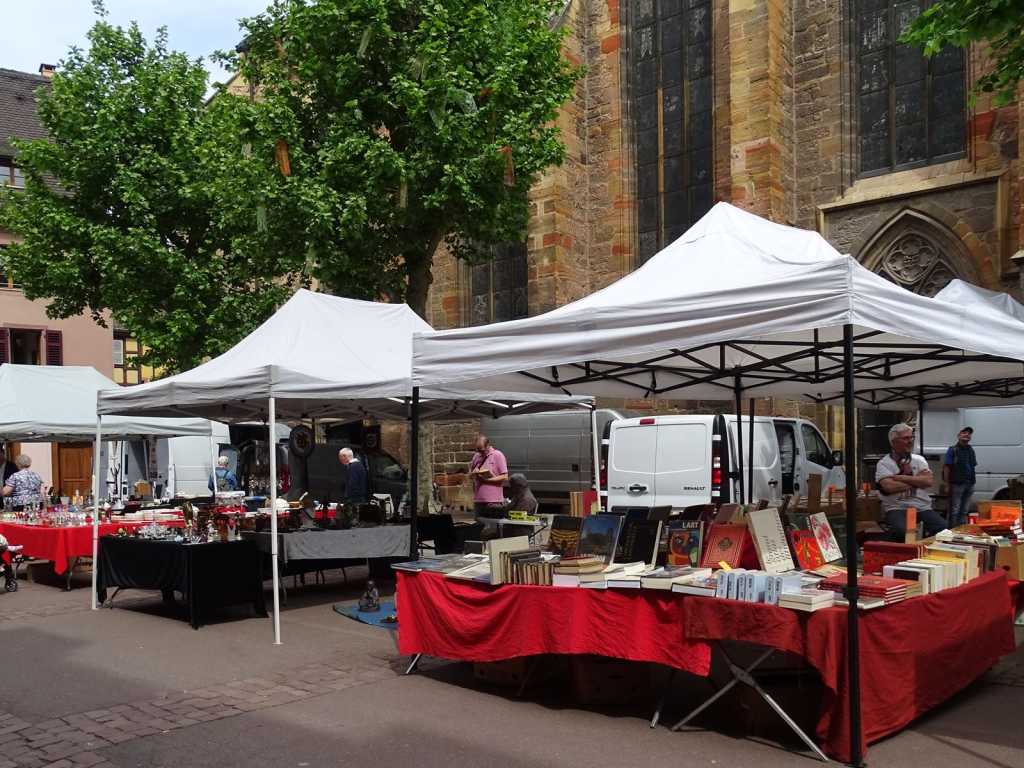 Flohmarkt in Colmar – bunte Stände mit Büchern und Antiquitäten im Elsass